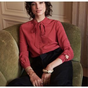 🇫🇷 SEZANE Silk Red Polka Dot Button Down Shirt Size FR 38 US 6 Lightweight